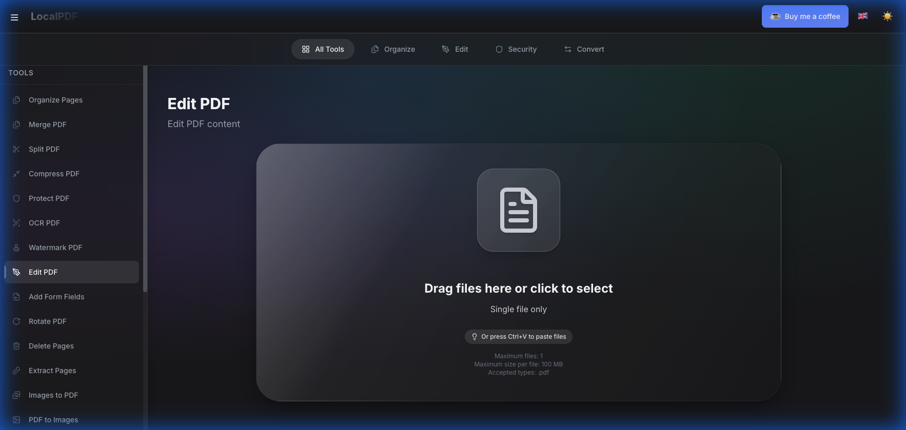 Start by uploading your PDF document to the Add Text tool.