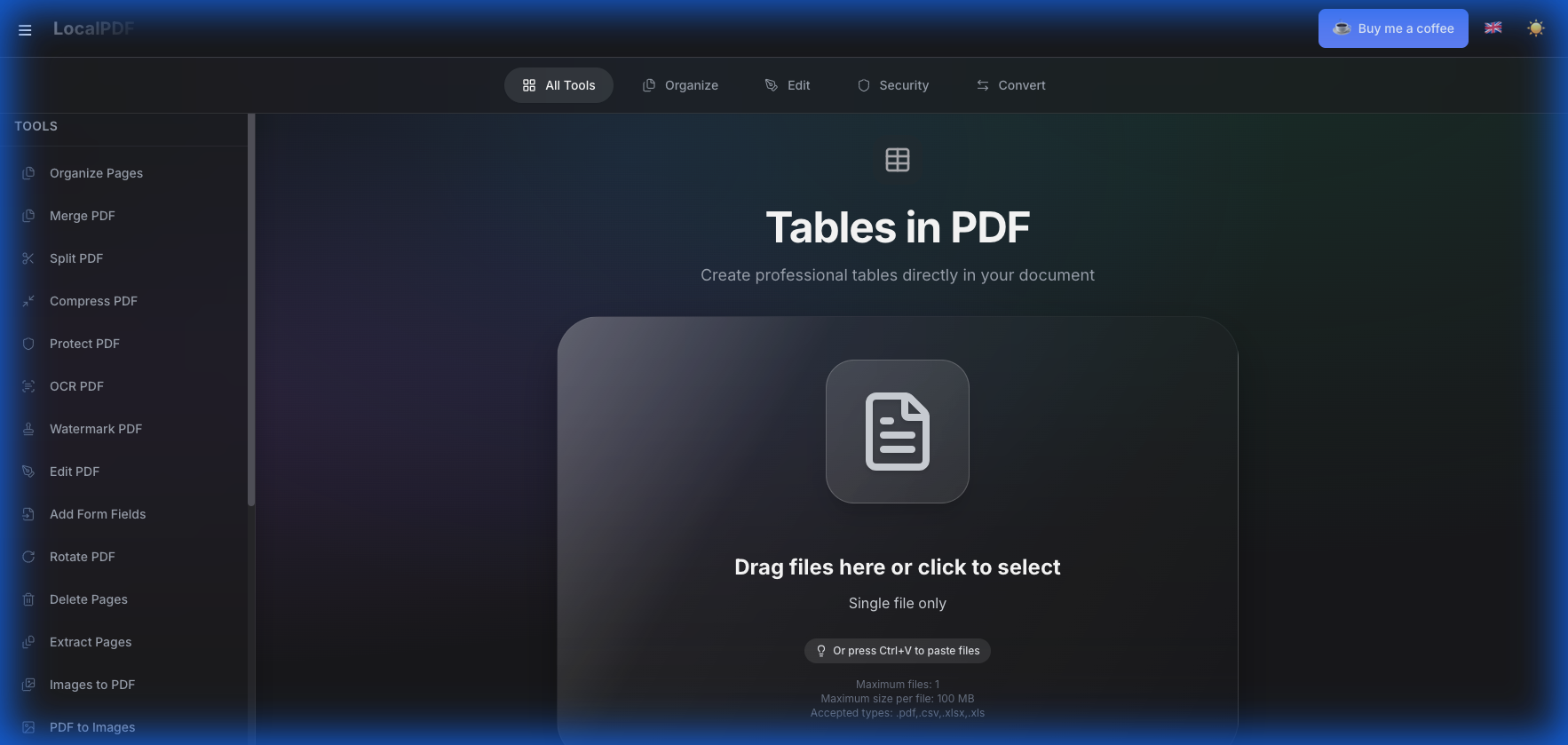 Open the "Tables in PDF" tool and prepare your files.